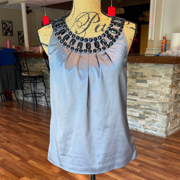 The Limited Tops - The Limited size medium gray silky top with large black beads around neckline